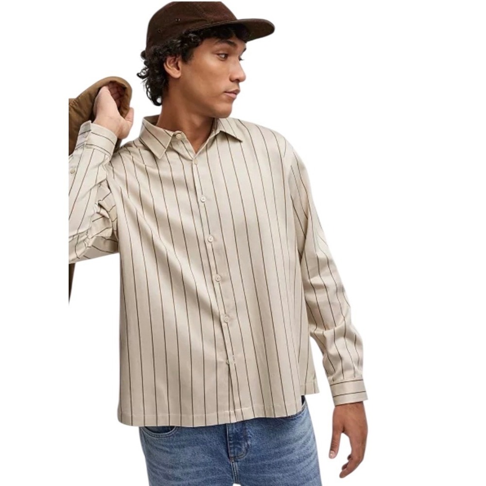 Mode of One Mens Relaxed Fit Striped Button Up Shirt in‎ Dark Ecru Size L